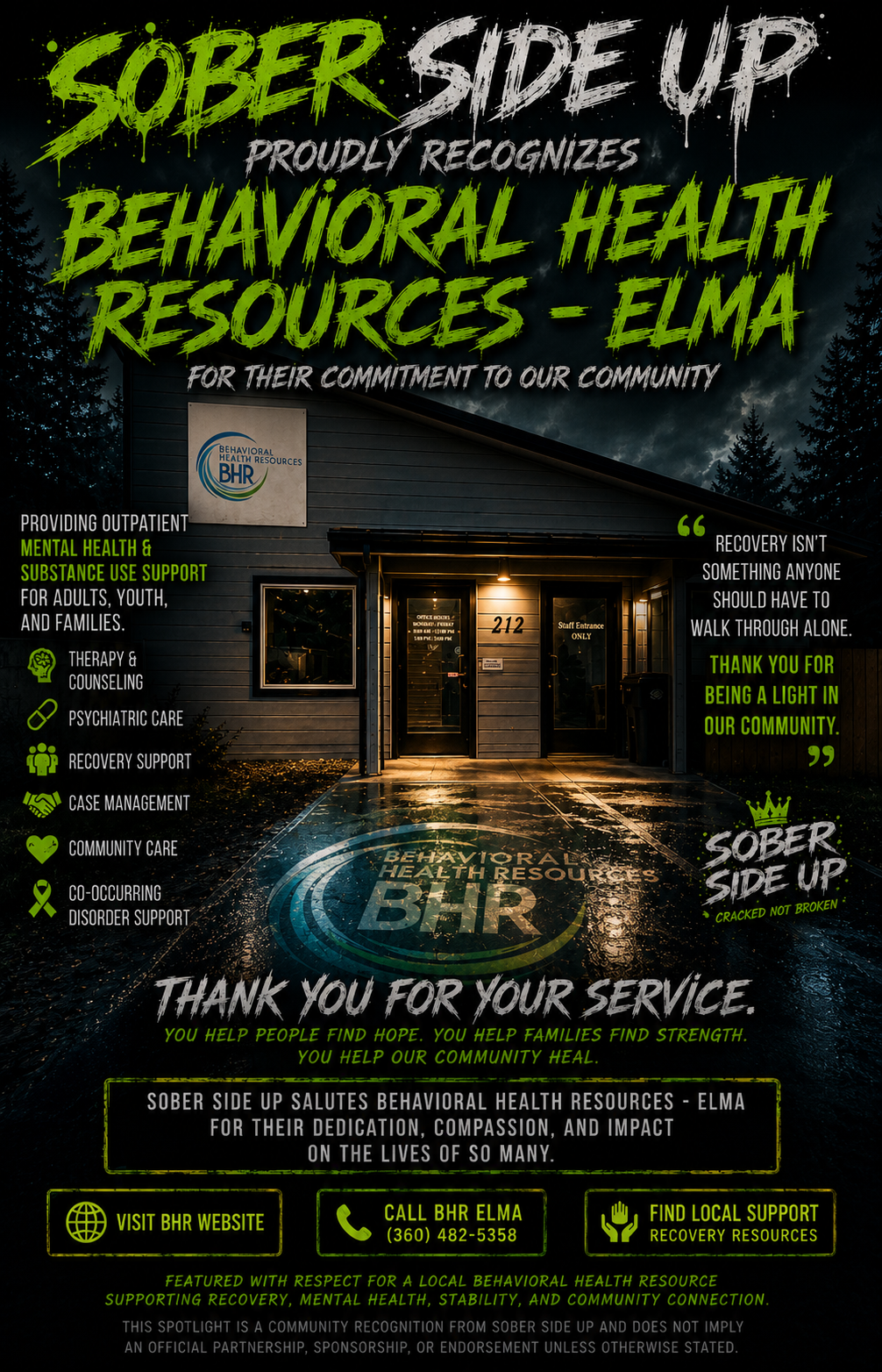 Sober Side Up Community Resource Spotlight poster recognizing Behavioral Health Resources in Elma
