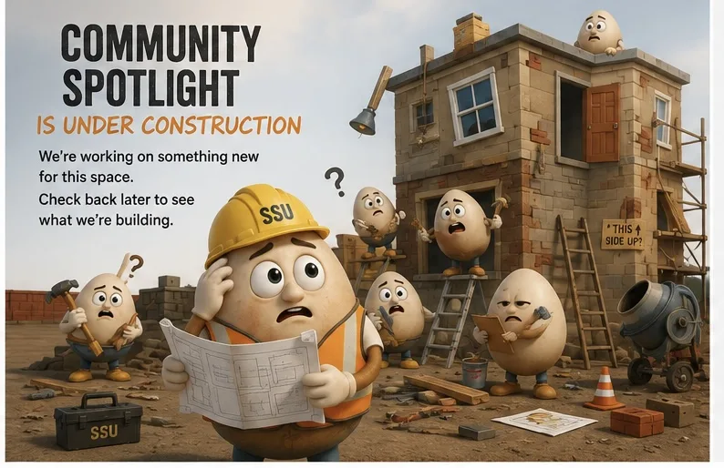 Community Spotlight is under construction artwork with Sober Side Up egg characters rebuilding a spotlight space