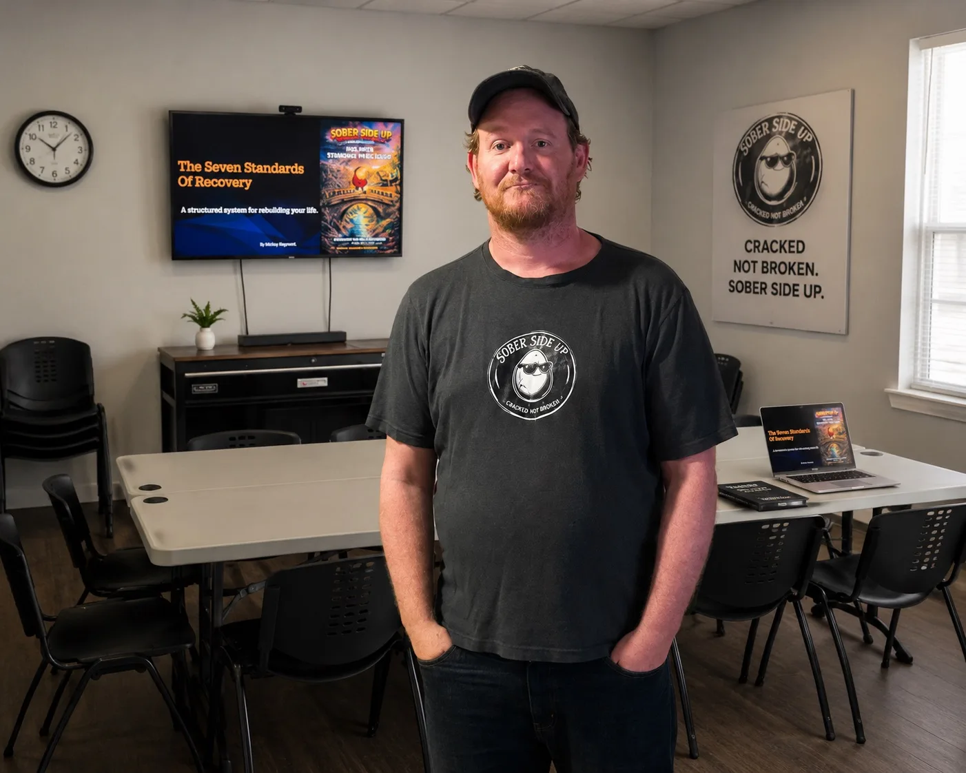 Mickey Rayment standing in the Sober Side Up meeting room