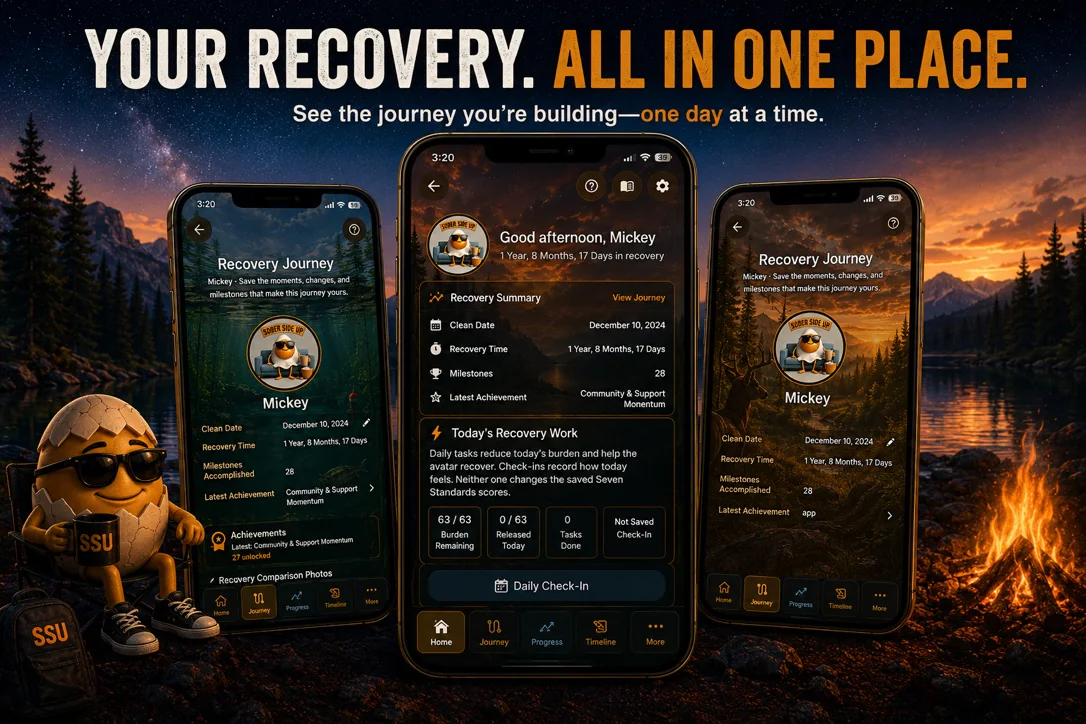 Sober Side Up Plus shown on three phones with recovery journeys, clean-time tracking, daily recovery work, and milestone features